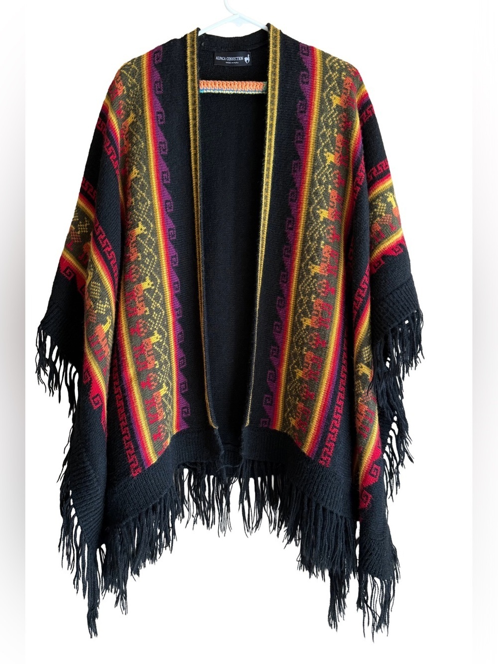 Alpaca Connection Alpaca Wool Ruana Wrap Peru Black Multicolor Unisex OS